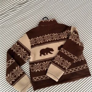 Old Navy Brown and Cream Bear Pattern Zip-Up Sweater